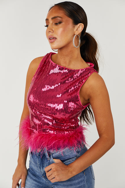 Hot Pink Sequined Faux Fur Hem Tank Top