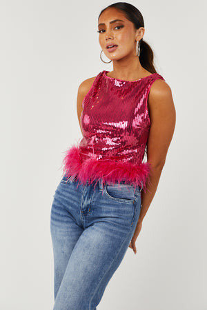 Hot Pink Sequined Faux Fur Hem Tank Top