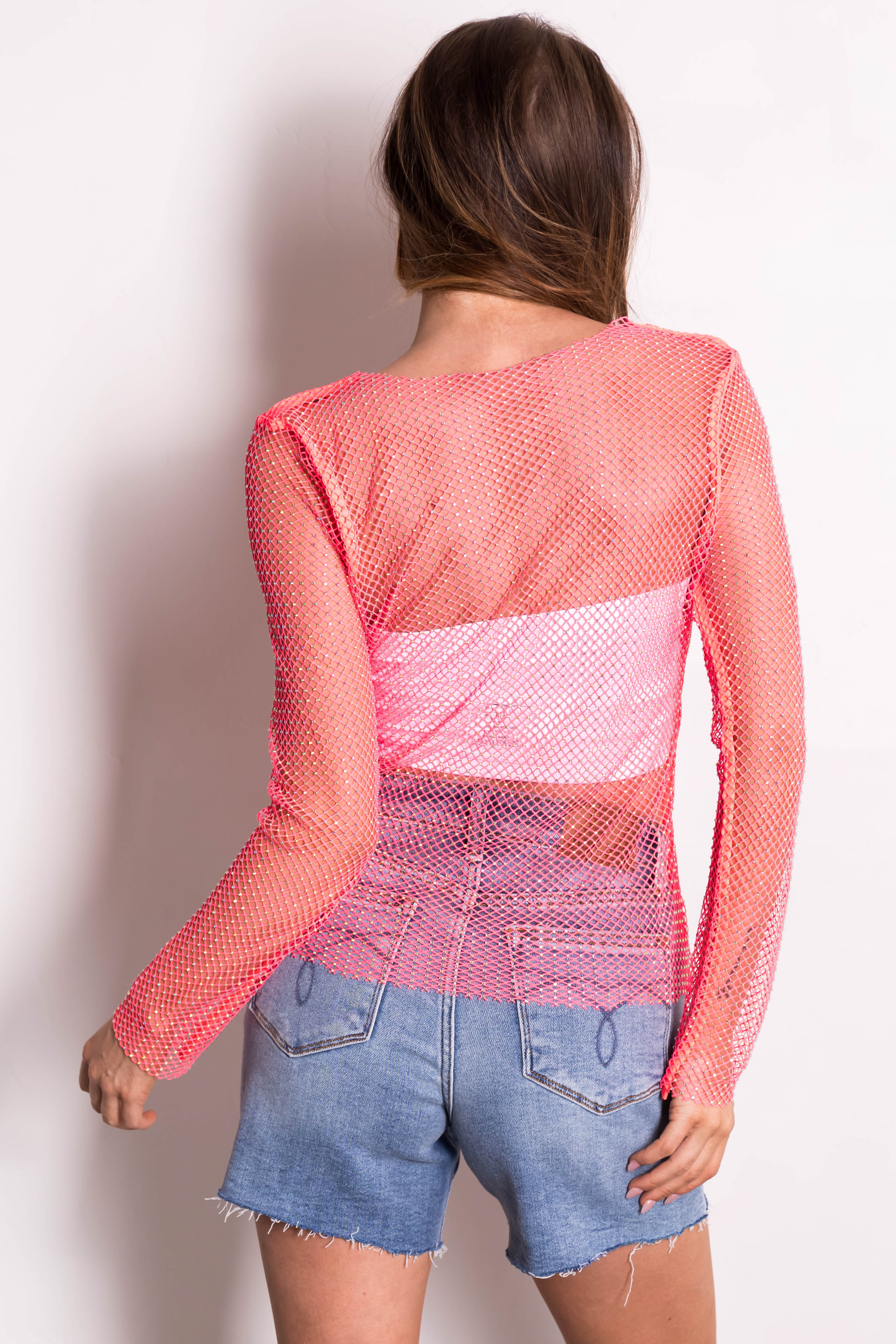 Hot Pink Sheer Mesh Rhinestone Top