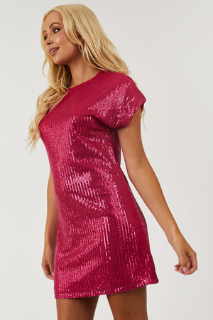 Hot Pink Short Sleeve Sequin Knit Mini Dress