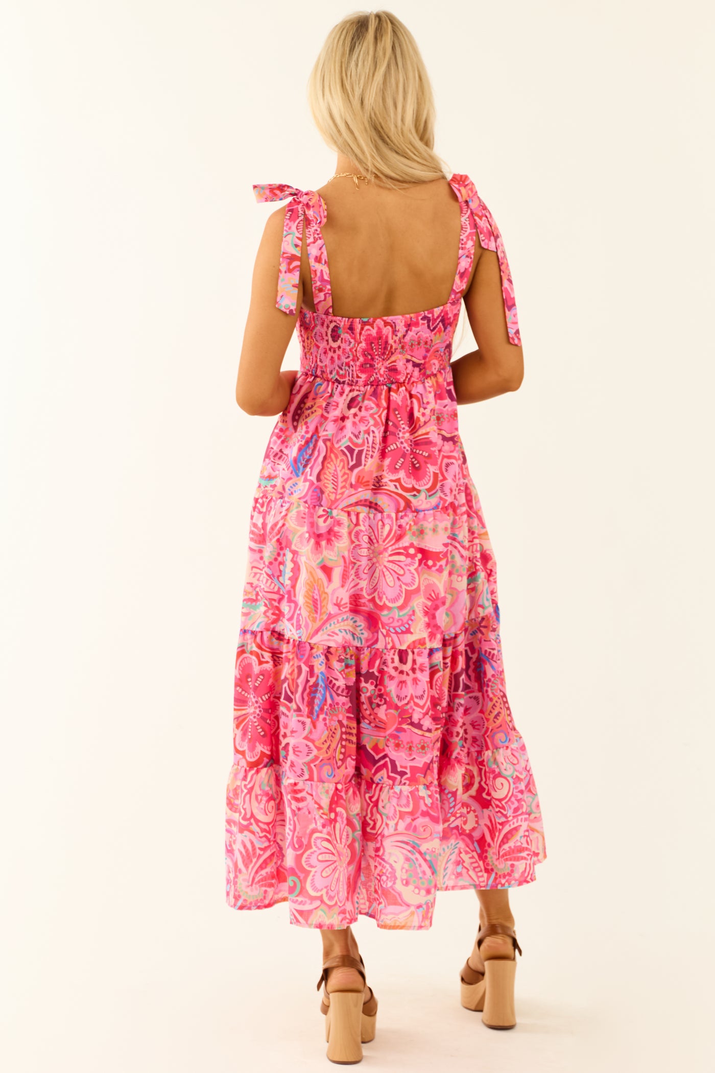 Hot Pink Sleeveless Floral Abstract Print Midi Dress