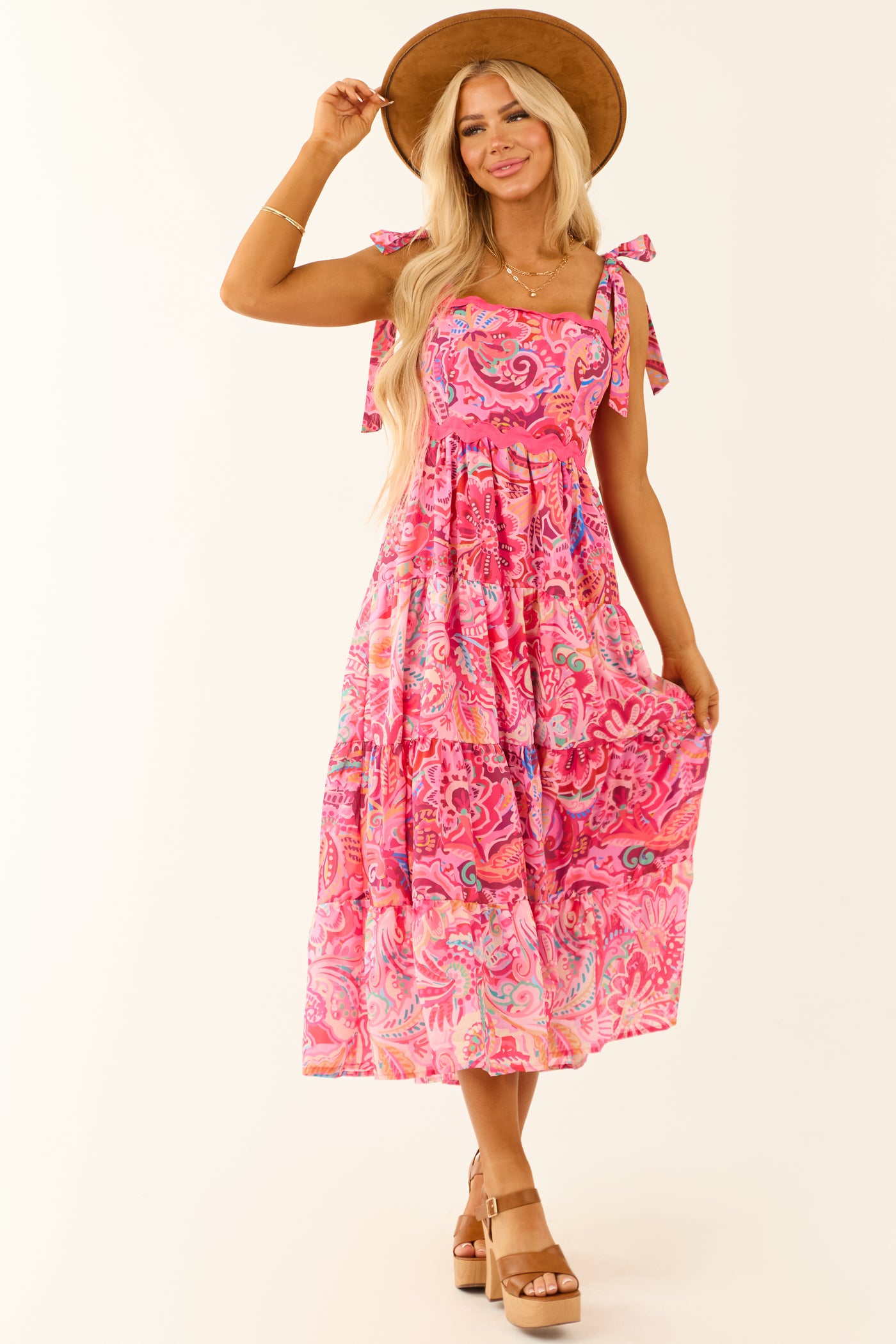 Hot Pink Sleeveless Floral Abstract Print Midi Dress