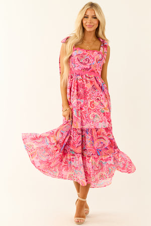 Hot Pink Sleeveless Floral Abstract Print Midi Dress