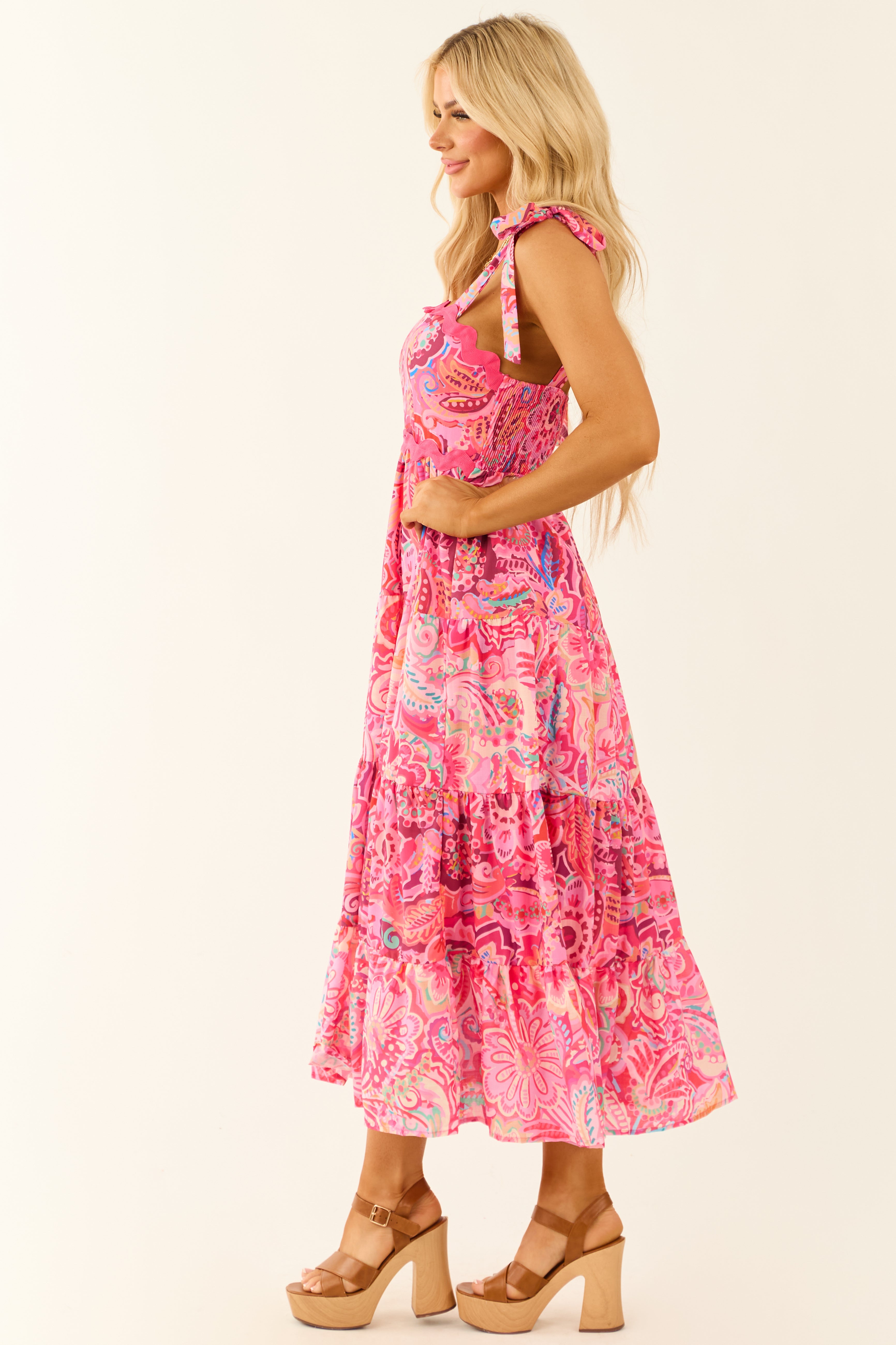 Hot Pink Sleeveless Floral Abstract Print Midi Dress