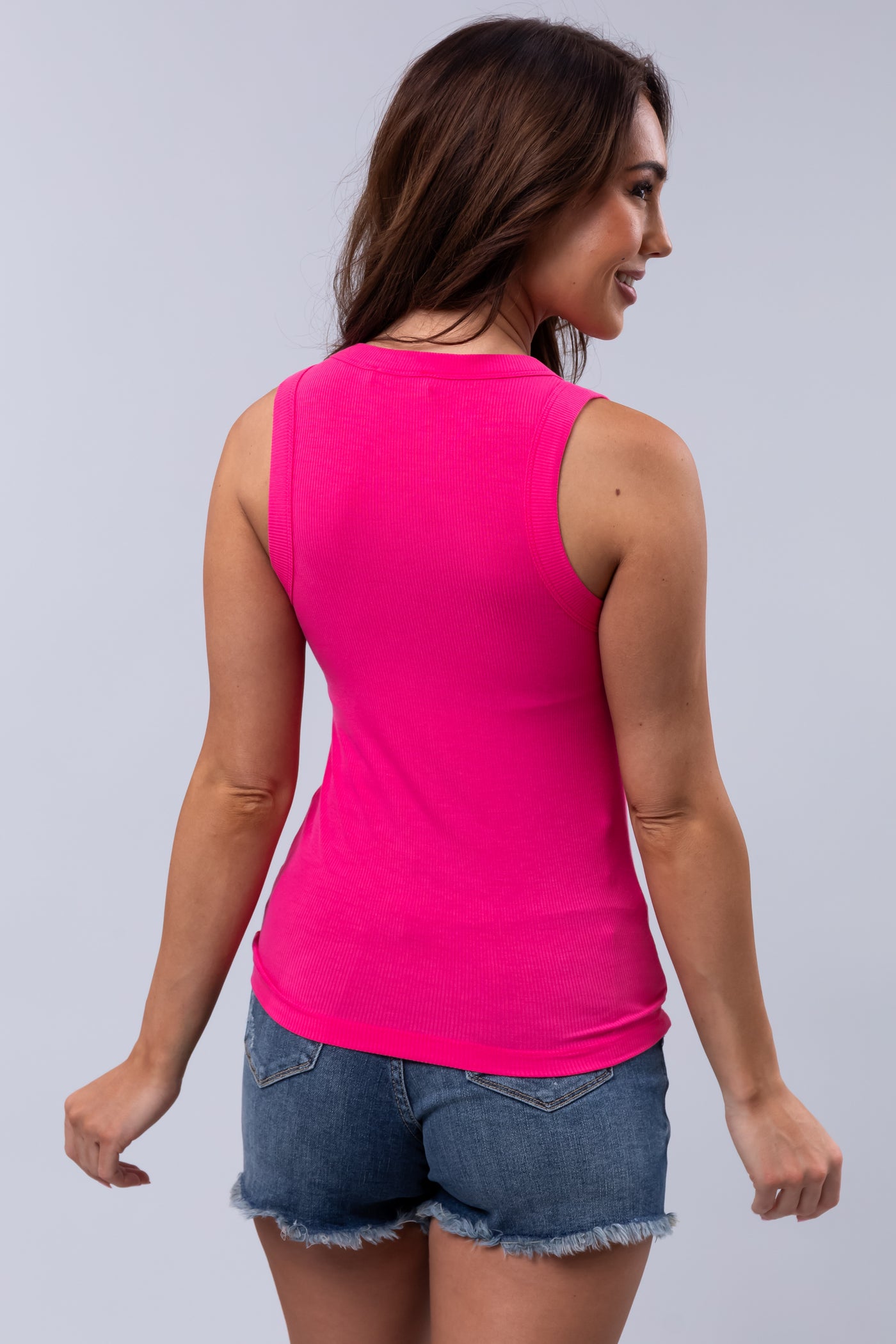 Hot Pink Soft Ribbed Scoop Neck Tank Top Lime Lush 2605