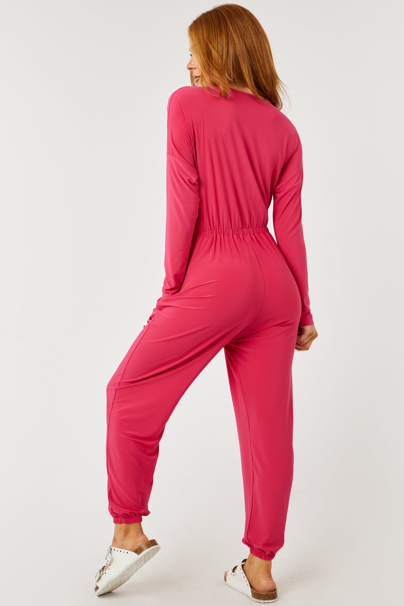 Hot Pink Surplice Long Sleeve Jogger Jumpsuit