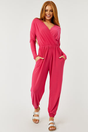 Hot Pink Surplice Long Sleeve Jogger Jumpsuit