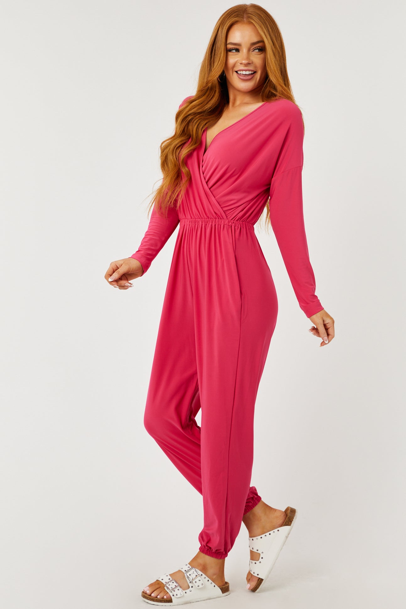 Hot Pink Surplice Long Sleeve Jogger Jumpsuit