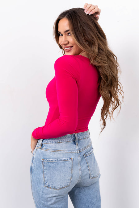 Hot Pink Sweetheart Neck Long Sleeve Crop Top