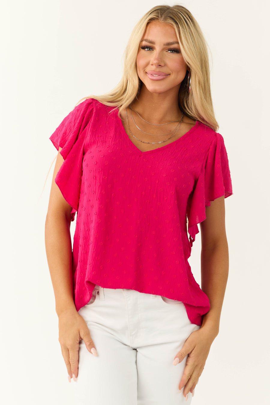 Hot Pink Swiss Dot Tied Back Blouse