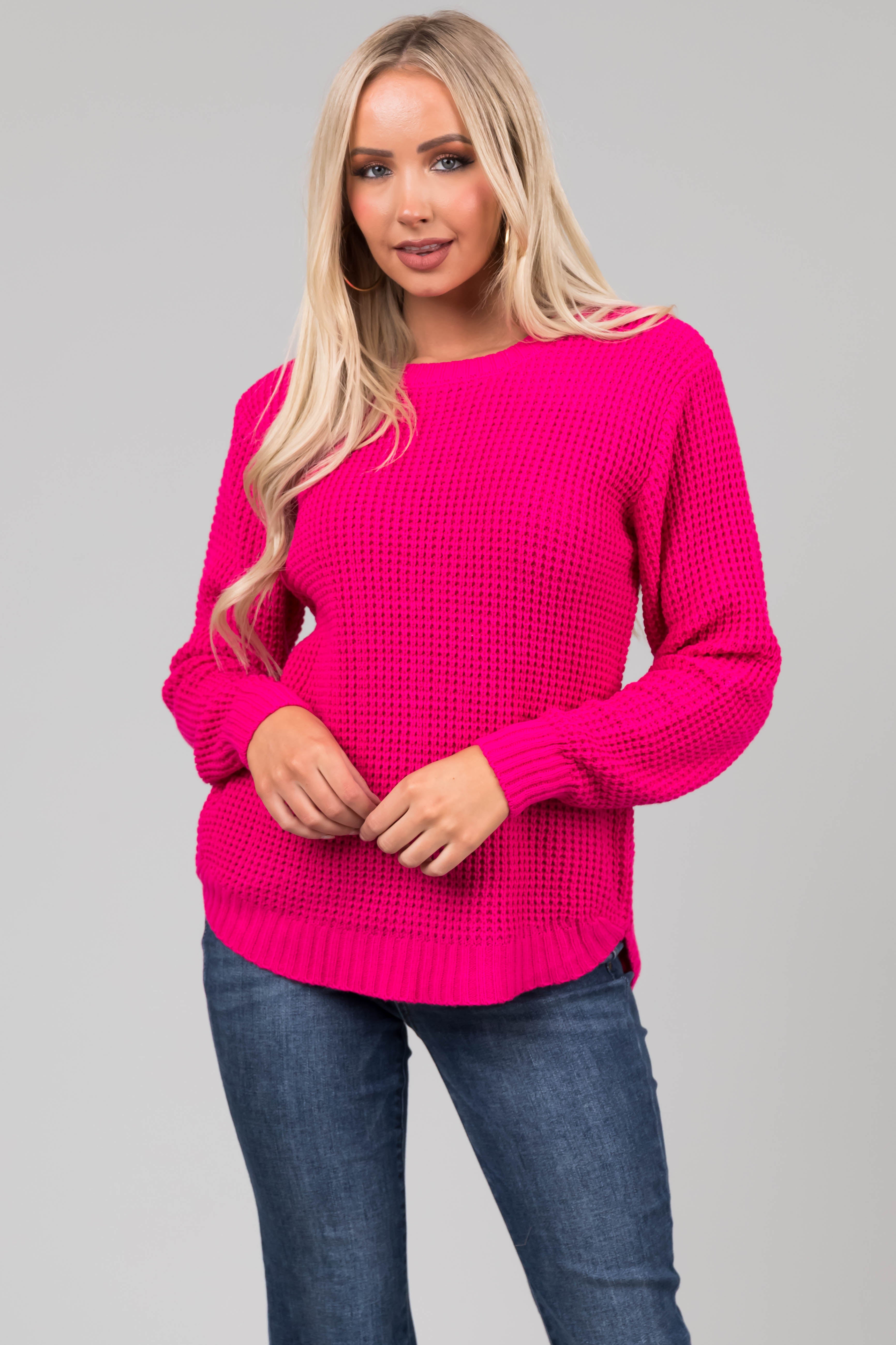 Hot Pink Thick Waffle Knit Curved Hem Sweater