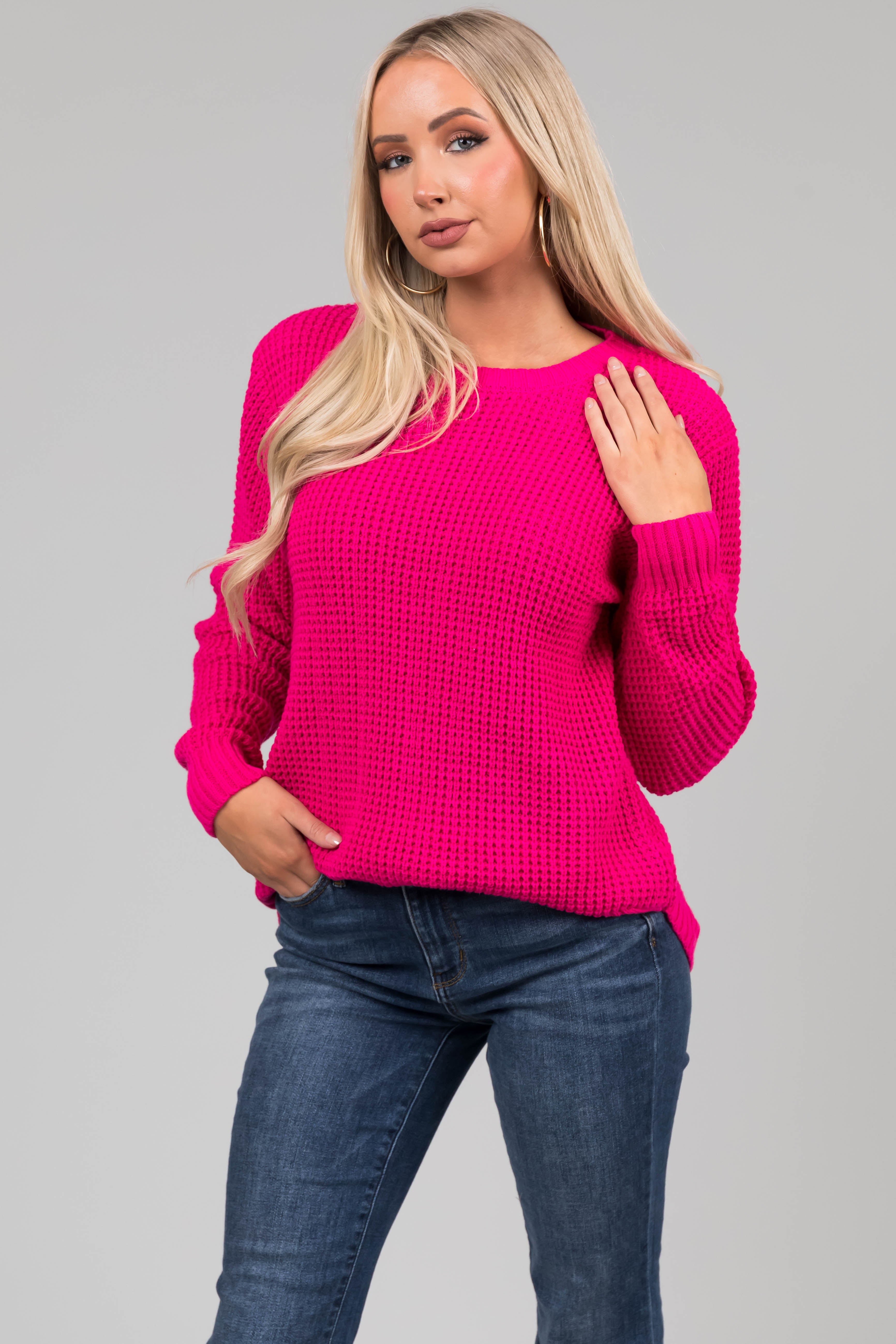 Hot Pink Thick Waffle Knit Curved Hem Sweater