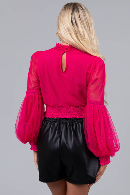 Hot Pink Tulle Puff Sleeve Crochet Lace Crop Top