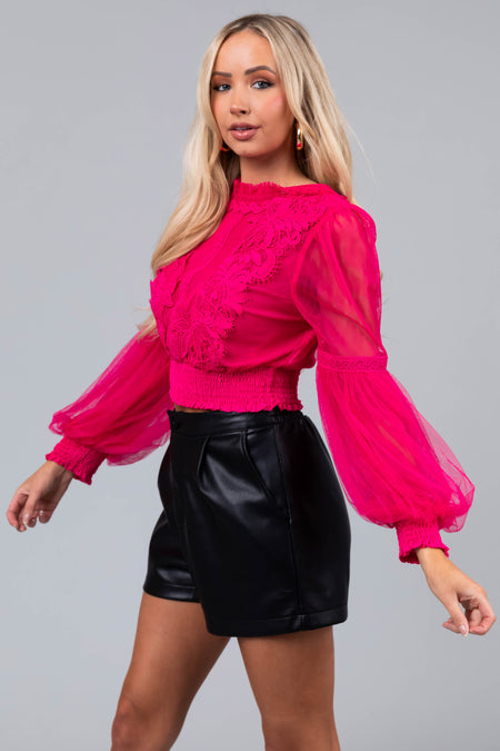 Hot Pink Tulle Puff Sleeve Crochet Lace Crop Top