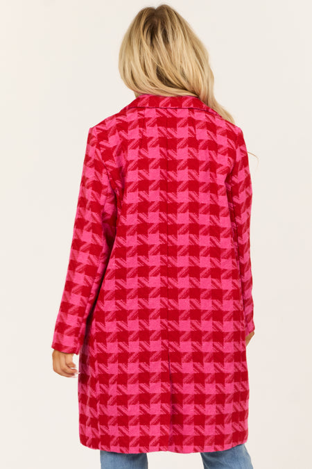 Hot Pink Tweed Houndstooth Double Button Coat