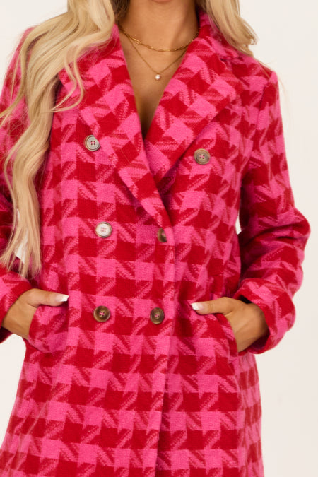 Hot Pink Tweed Houndstooth Double Button Coat