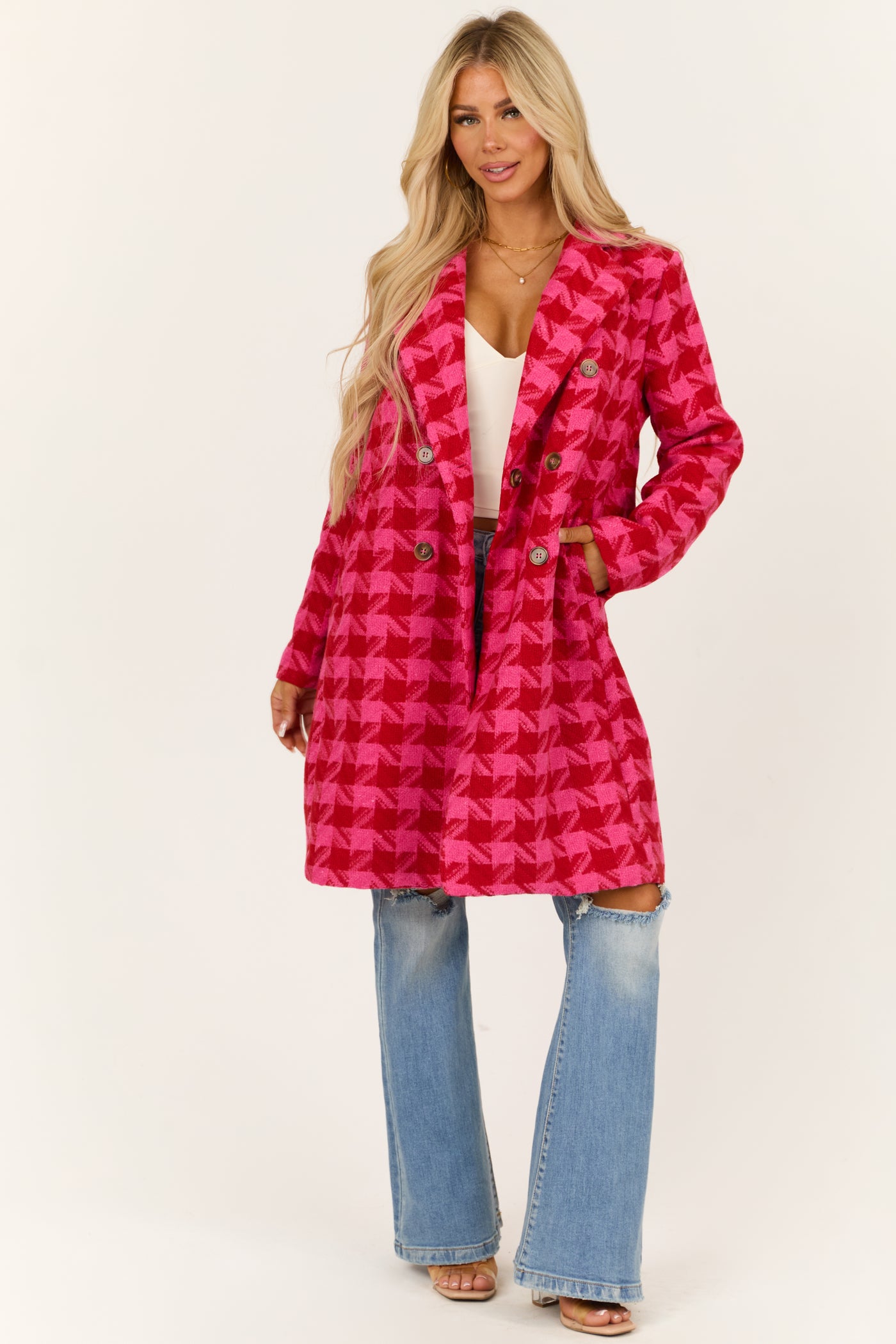 Hot Pink Tweed Houndstooth Double Button Coat