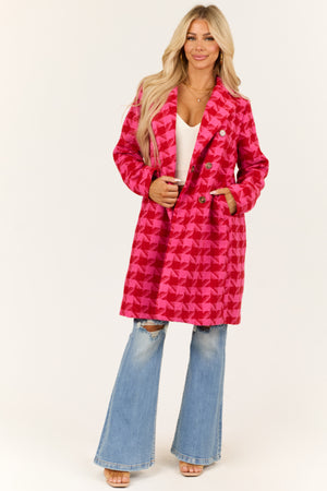 Hot Pink Tweed Houndstooth Double Button Coat