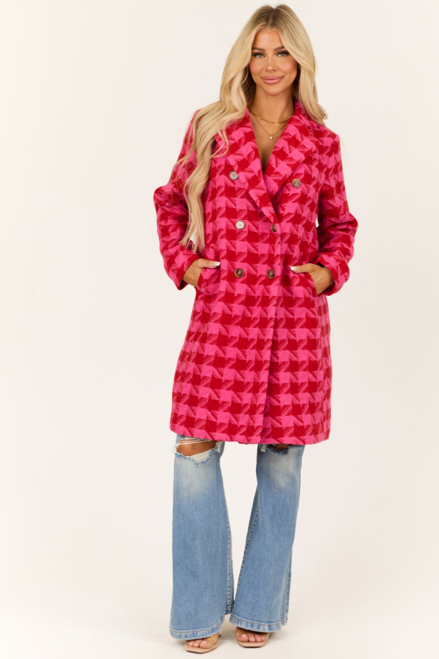 Hot Pink Tweed Houndstooth Double Button Coat