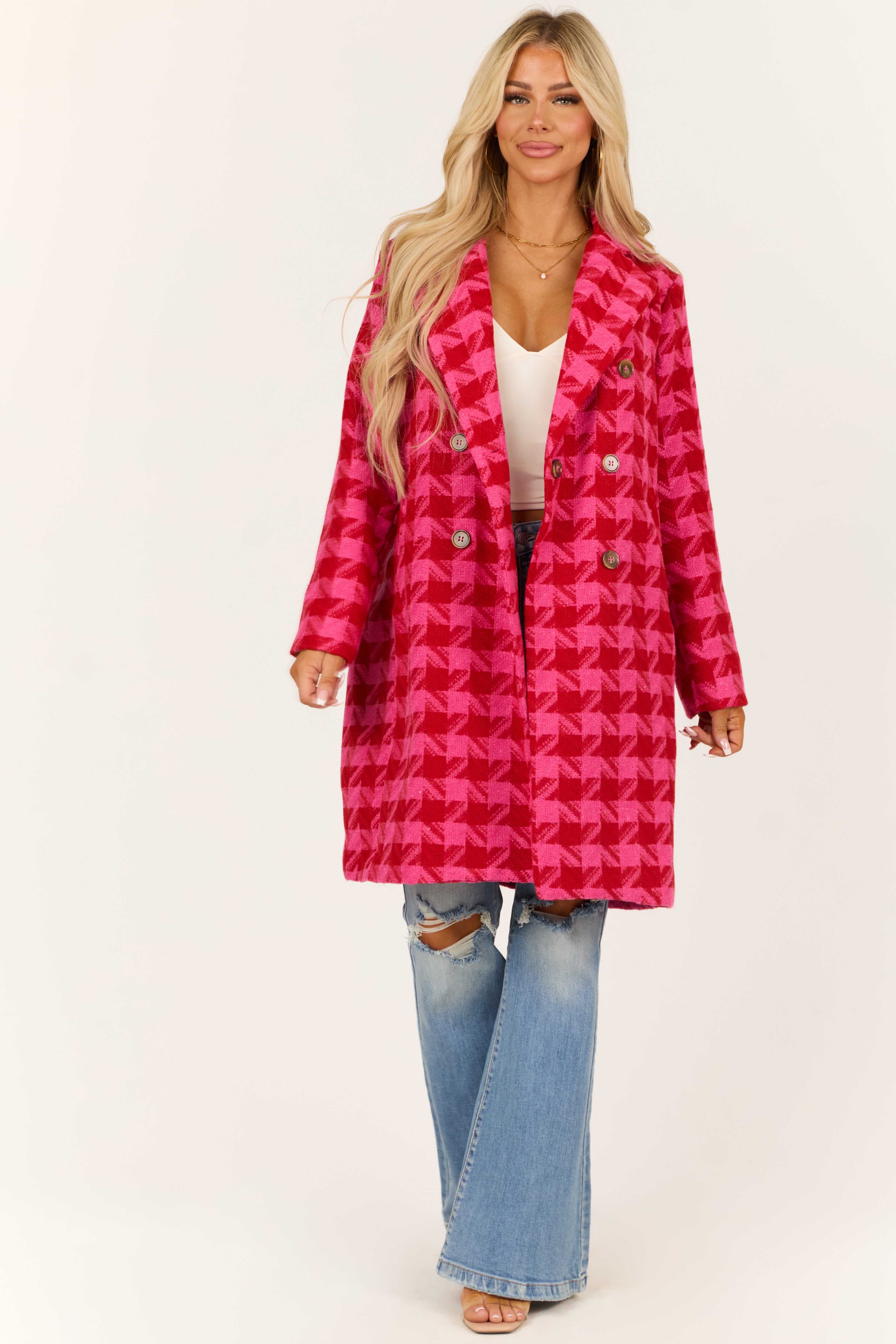 Hot Pink Tweed Houndstooth Double Button Coat