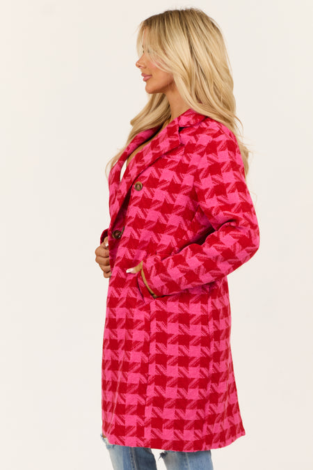 Hot Pink Tweed Houndstooth Double Button Coat