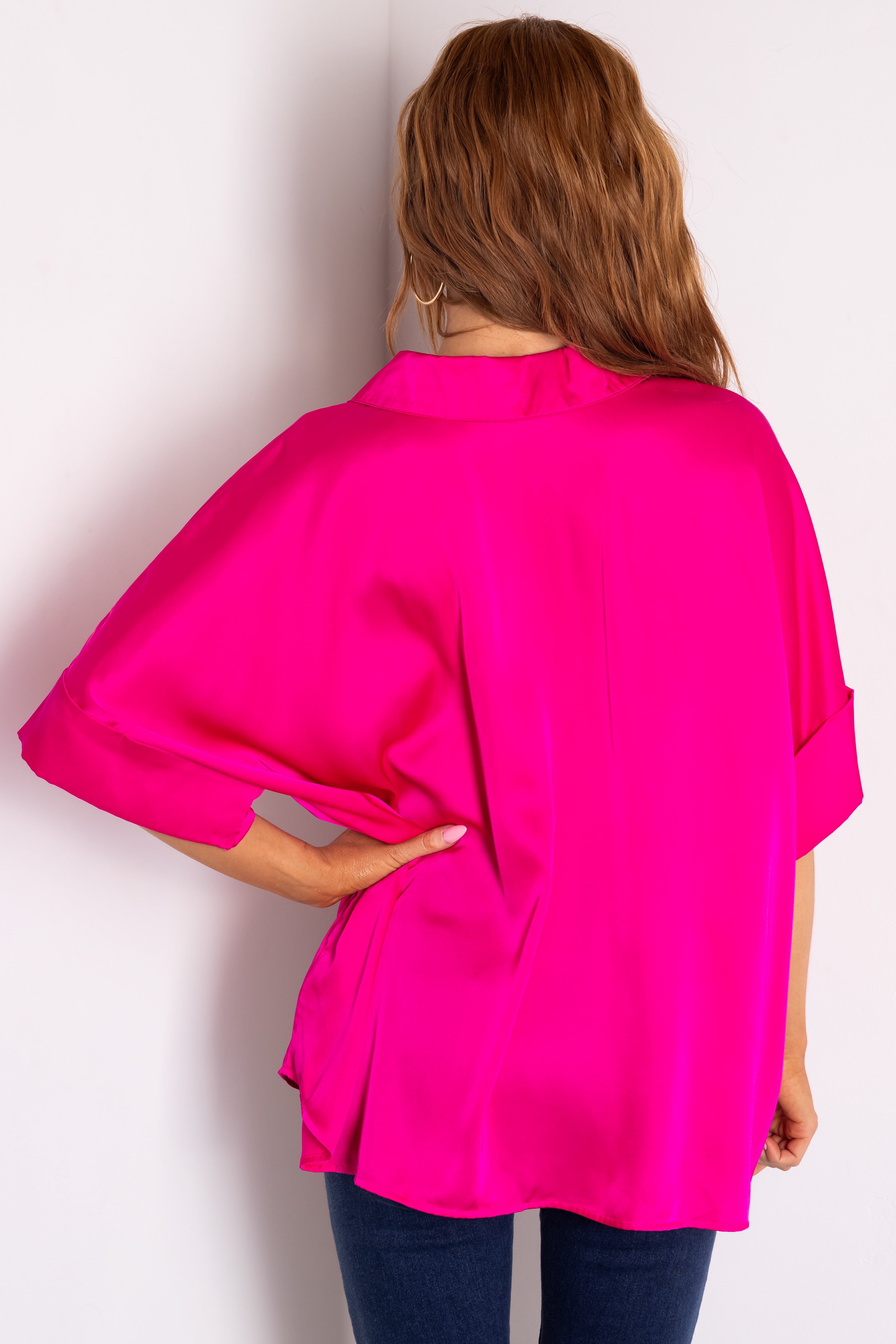 Hot Pink V Neck Collared Satin Blouse