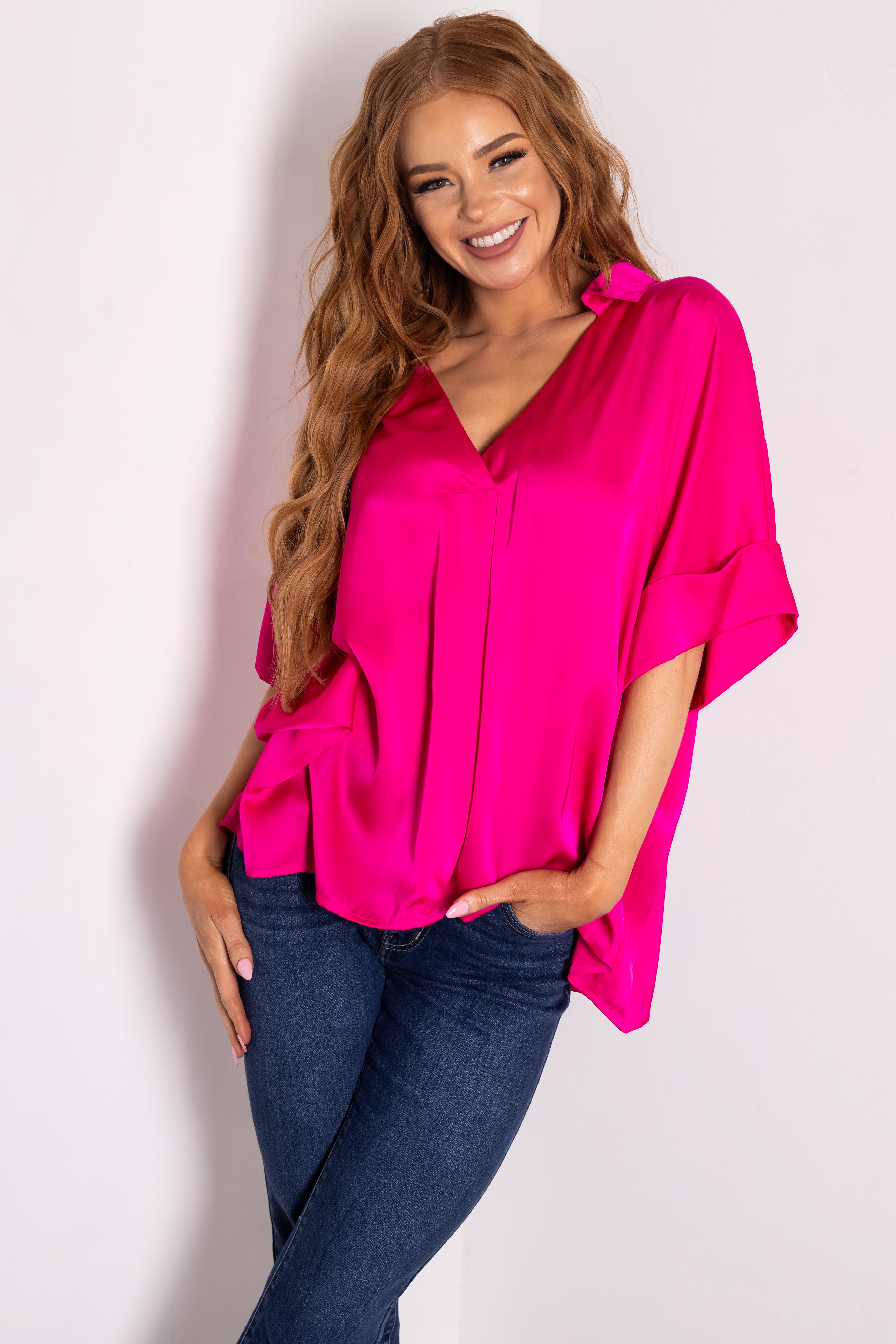 Hot Pink V Neck Collared Satin Blouse