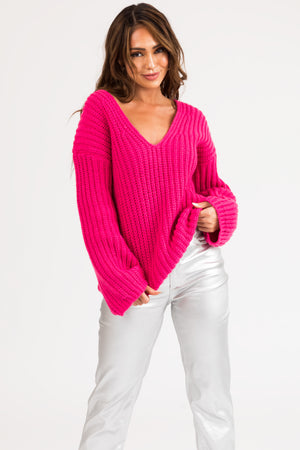 Hot Pink V Neck Cozy Thick Knit Sweater