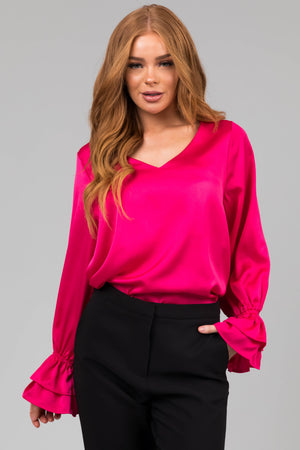 Hot Pink V Neck Ruffle Cuff Satin Blouse