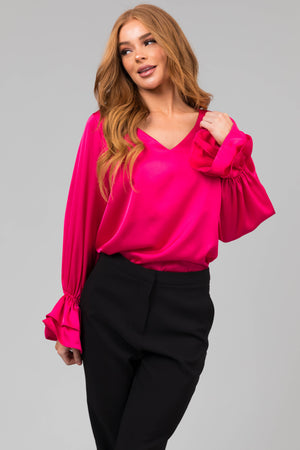 Hot Pink V Neck Ruffle Cuff Satin Blouse