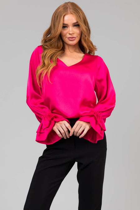 Hot Pink V Neck Ruffle Cuff Satin Blouse