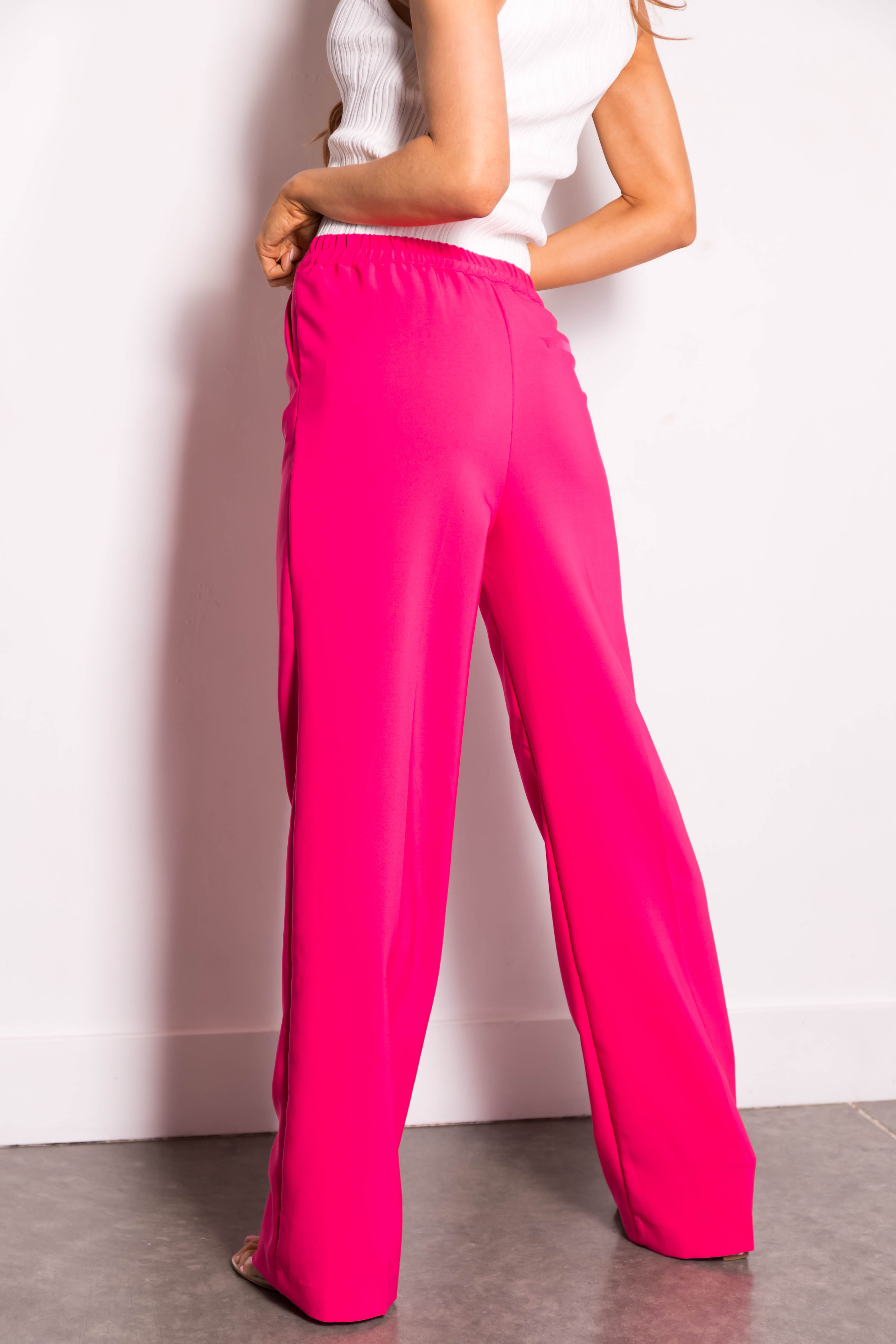 Women s Hot Pink Wide Leg Elastic Waist Woven Pants Size L