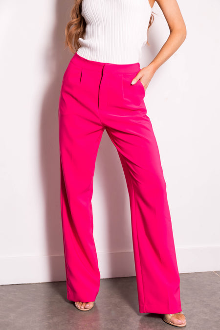 Hot Pink Wide Leg Elastic Waist Woven Pants