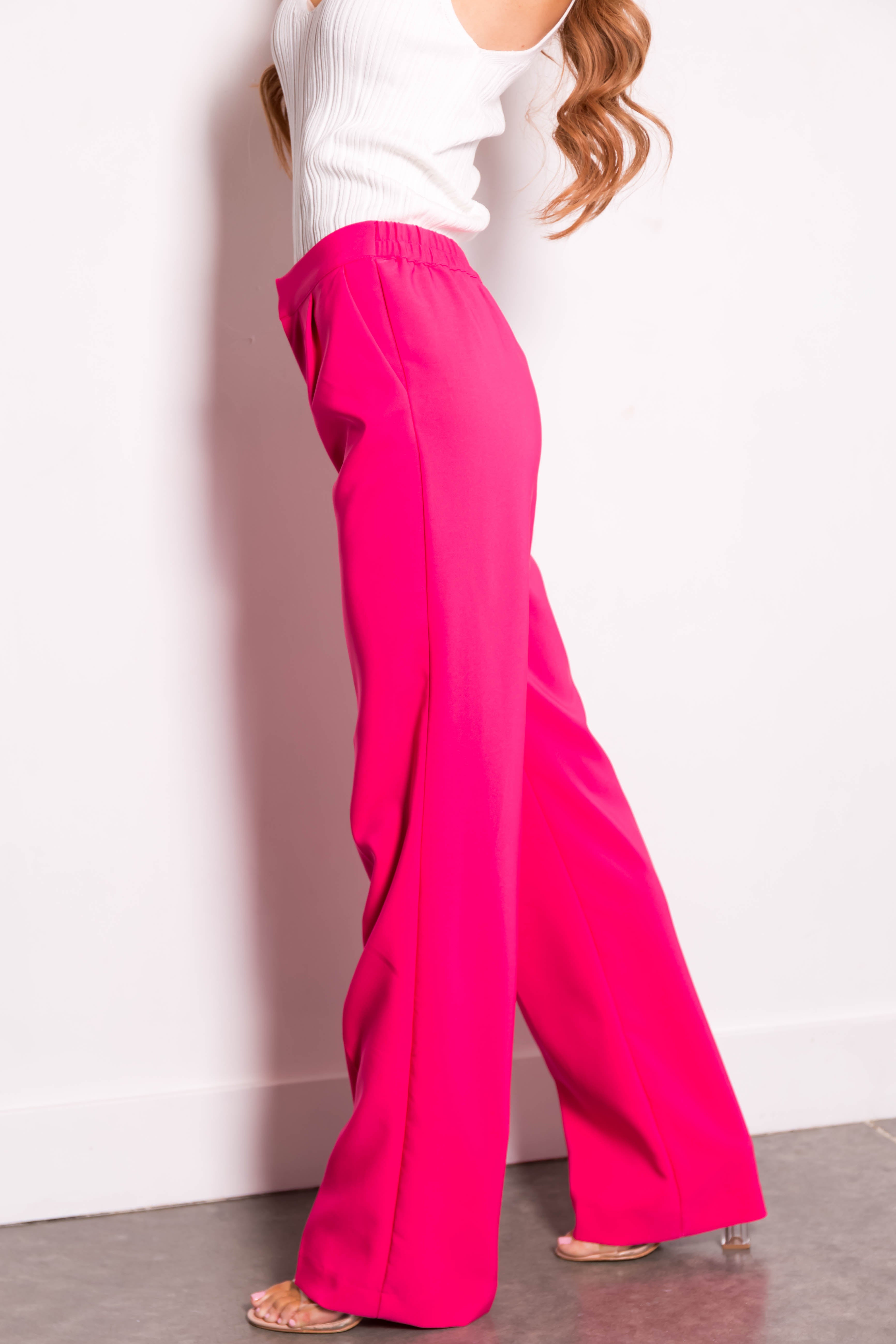 Hot Pink Wide Leg Elastic Waist Woven Pants