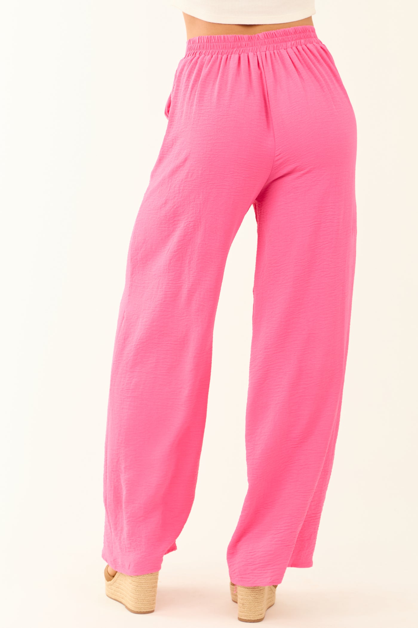 Hot Pink Wide Leg Smocked High Waist Pants