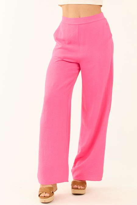 Hot Pink Wide Leg Smocked High Waist Pants