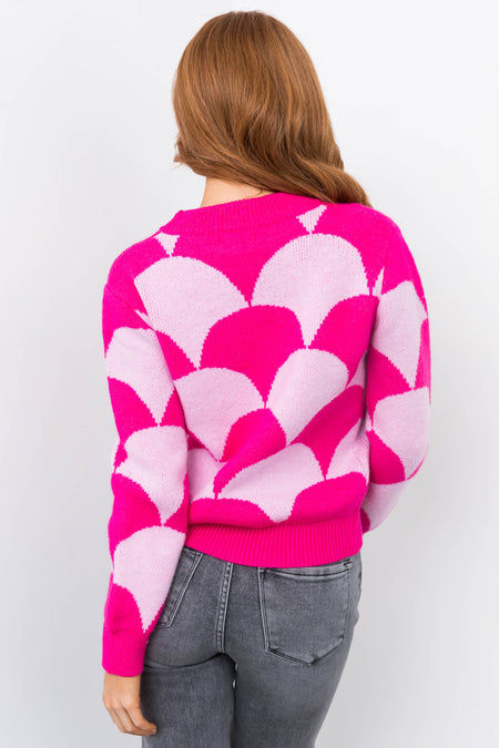 Hot Pink and Blush Scallop Print Knit Sweater