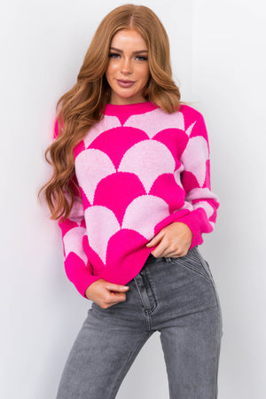 Hot Pink and Blush Scallop Print Knit Sweater