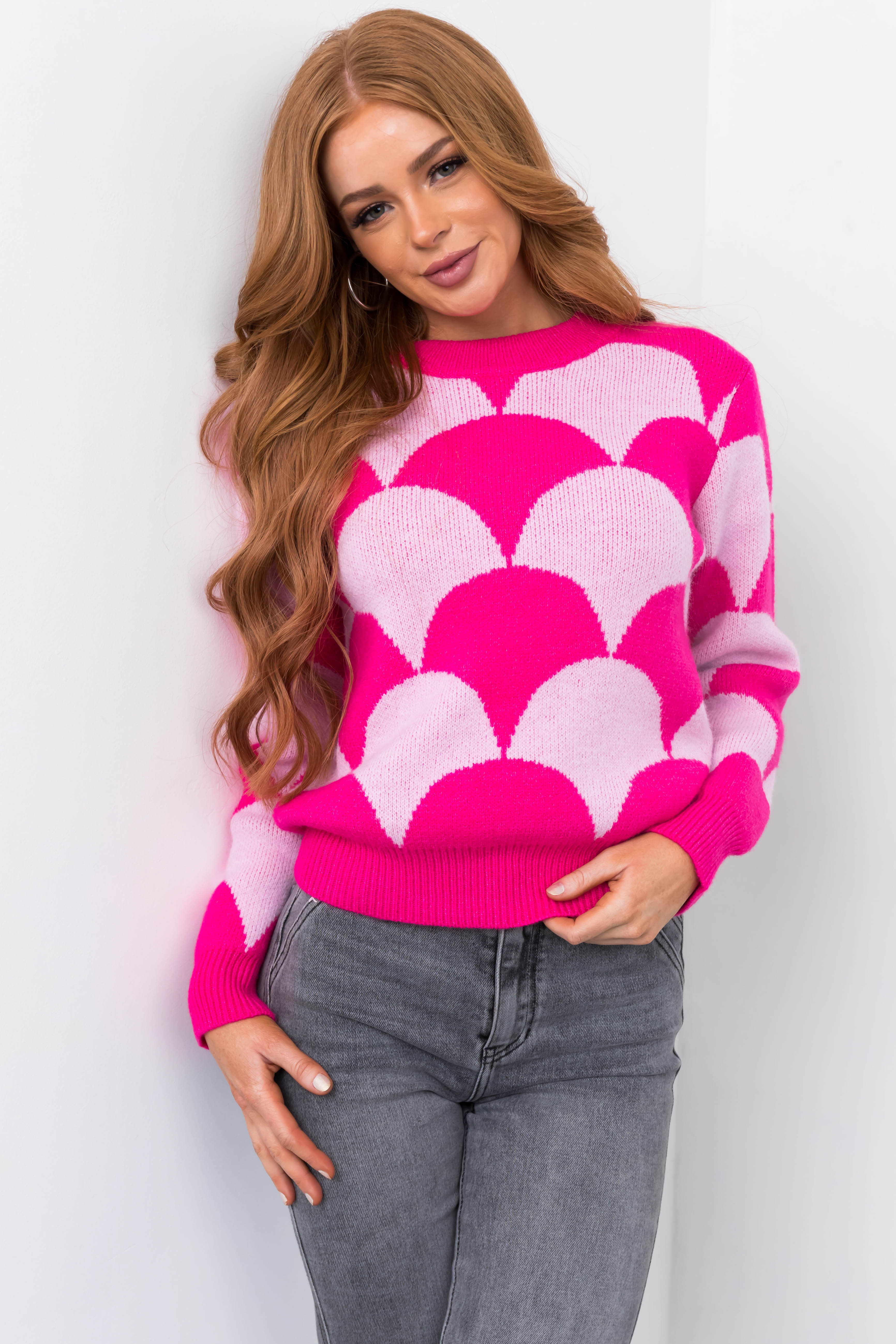 Hot Pink and Blush Scallop Print Knit Sweater