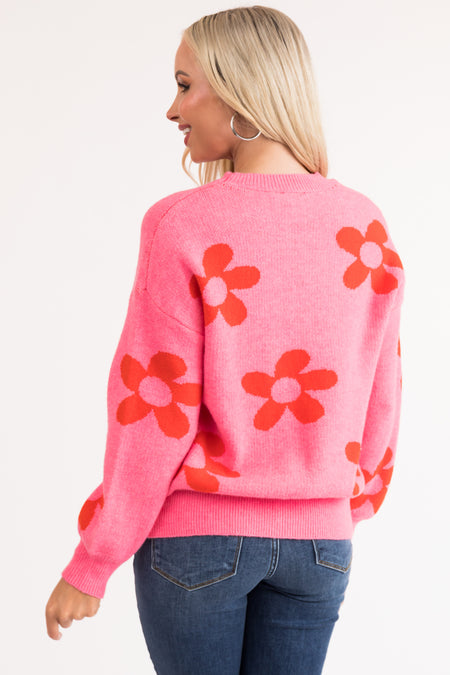 Hot Pink and Fire Floral Print Knit Sweater