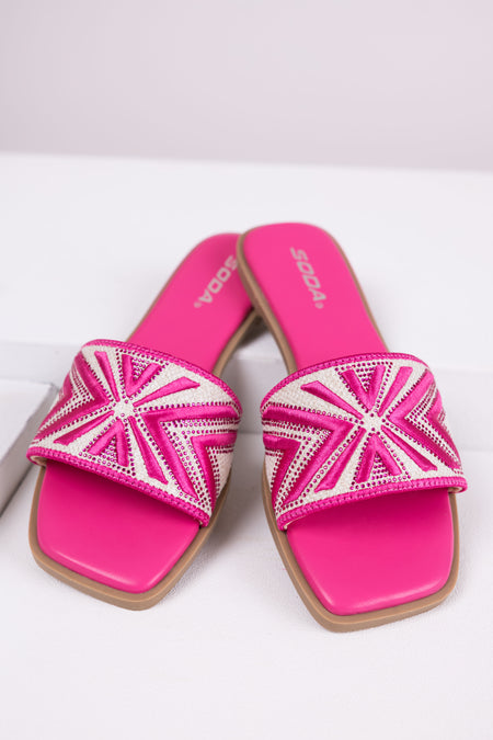 Hot Pink Aztec Band Square Toe Slide Sandals