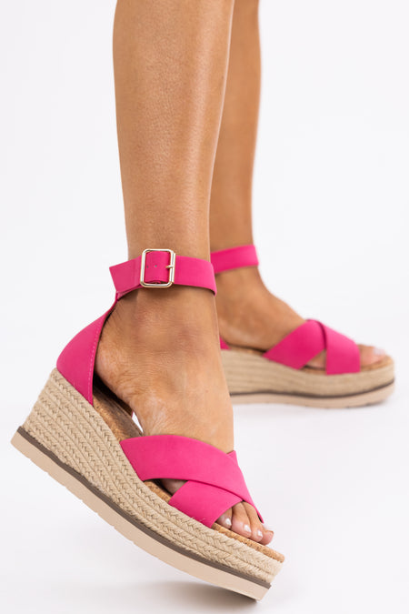 Hot Pink Cross Strap Espadrille Platform Sandals