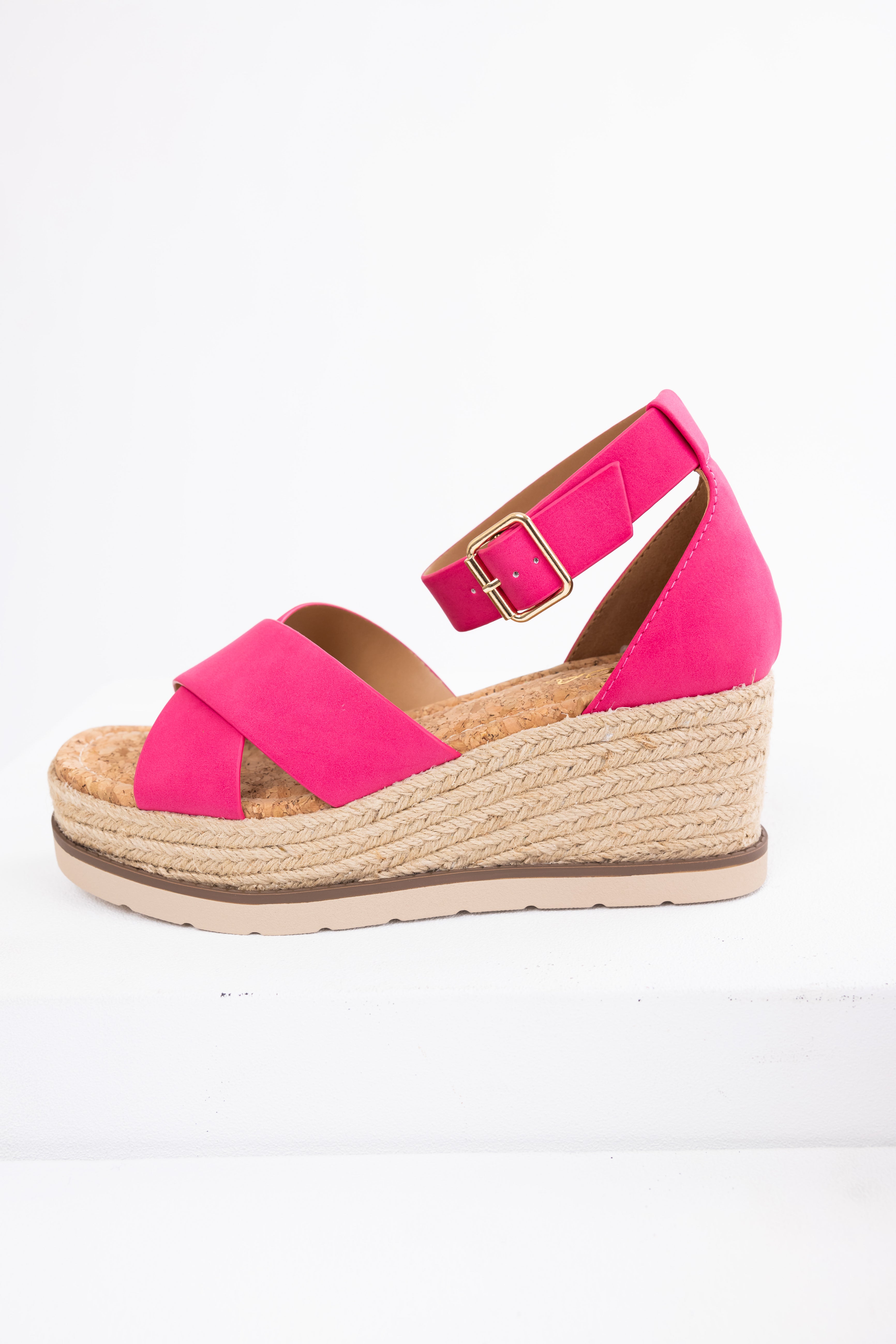 Hot Pink Cross Strap Espadrille Platform Sandals