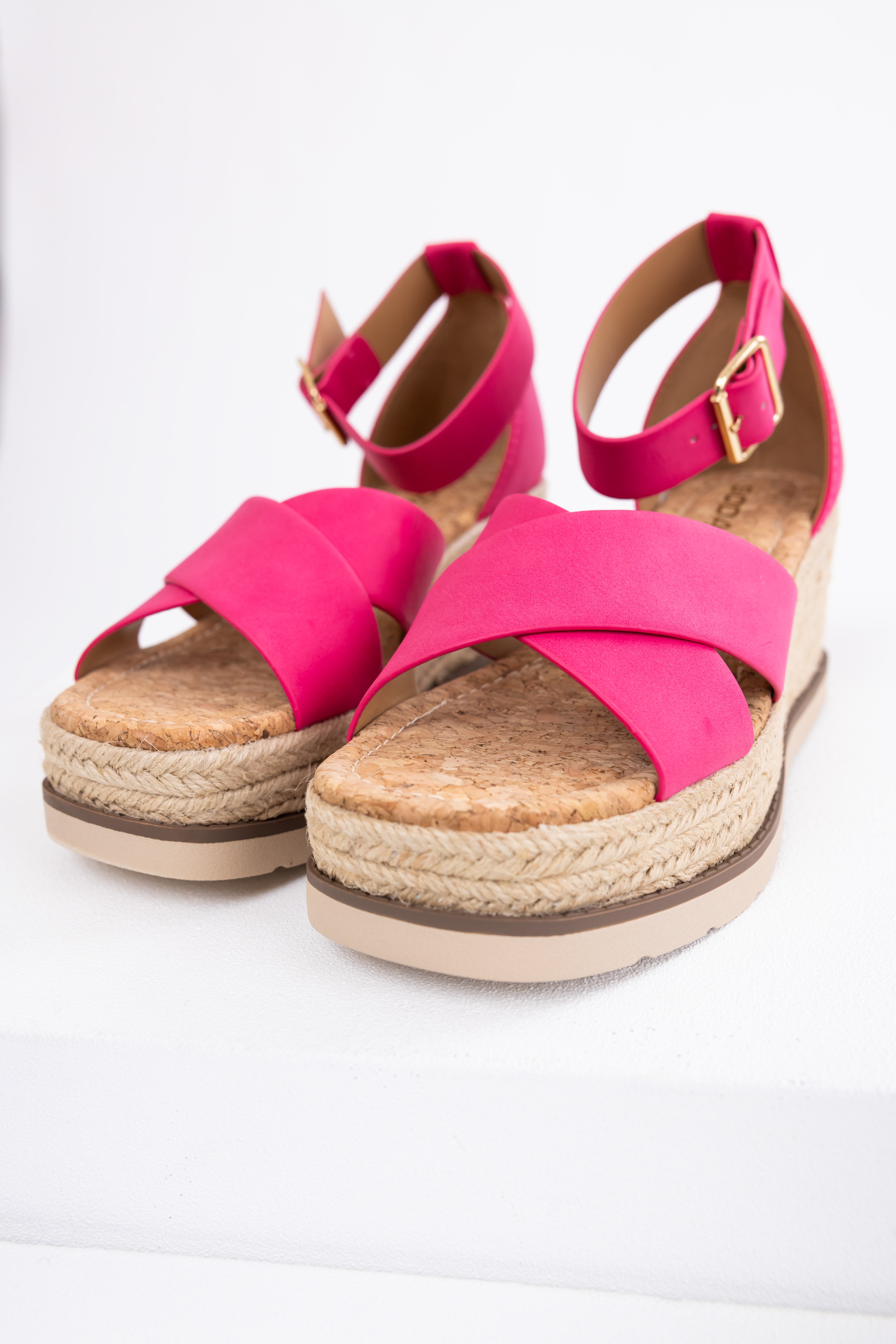 Hot Pink Cross Strap Espadrille Platform Sandals