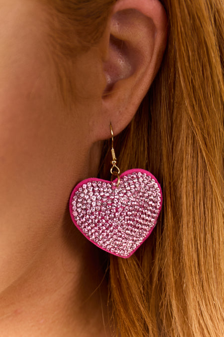 Hot Pink Heart Cushion Rhinestone Dangle Earrings