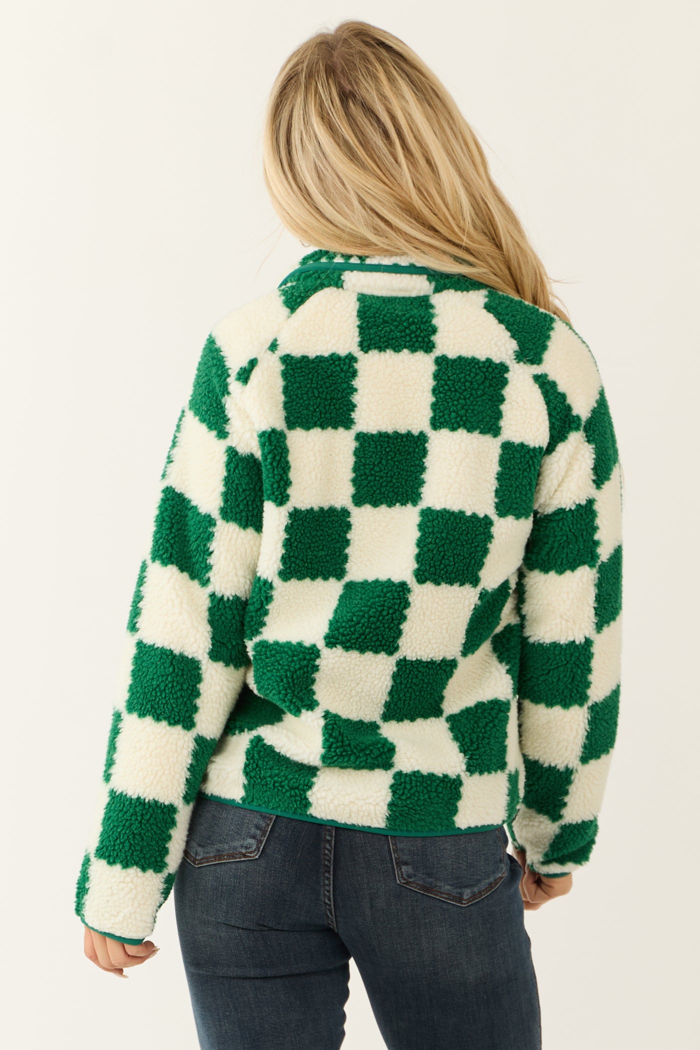 Hunter Green Checkered Button Down Sherpa Jacket