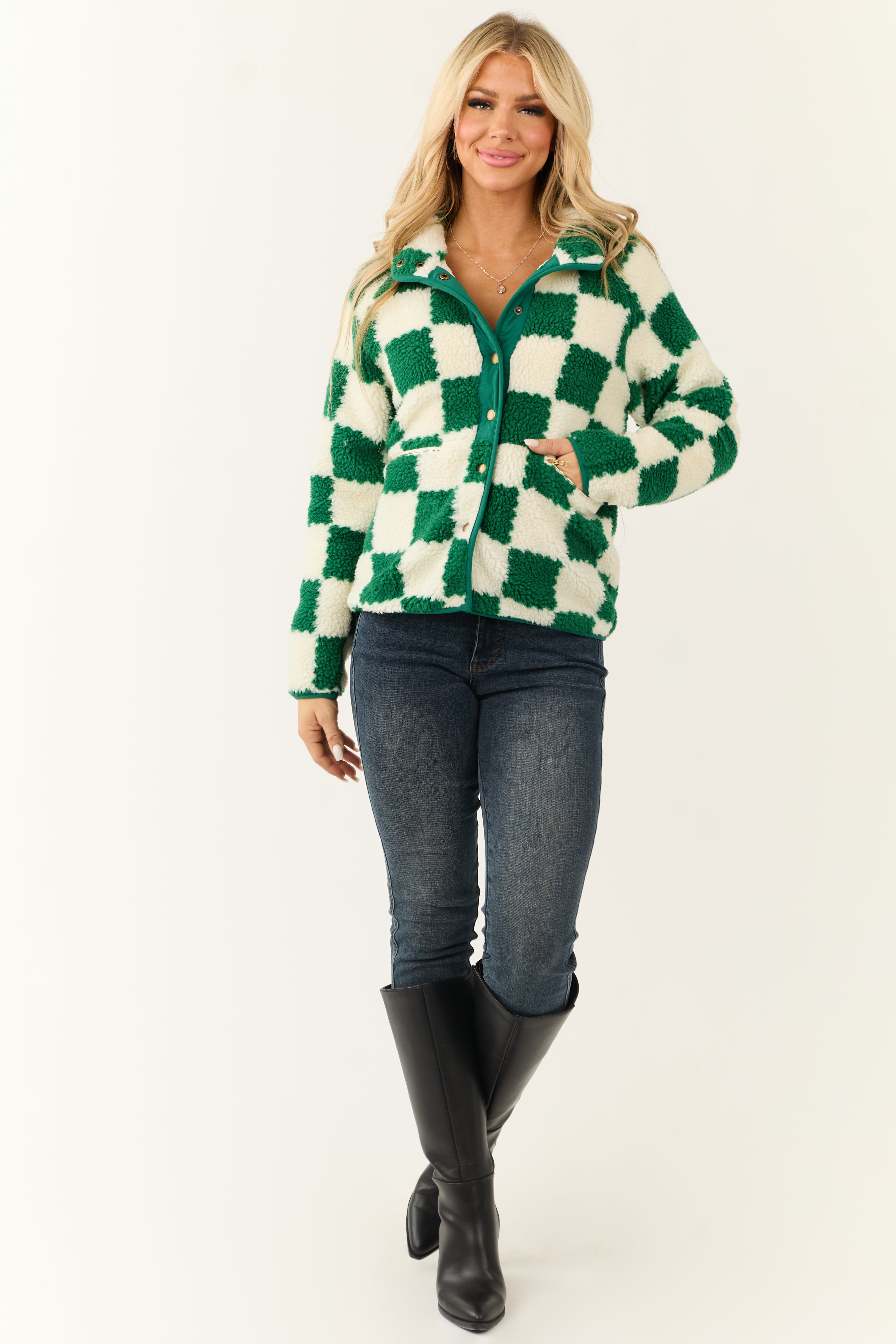 Hunter Green Checkered Button Down Sherpa Jacket