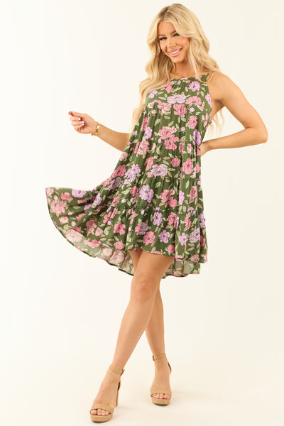 Hunter Green Floral Print Halter Short Dress