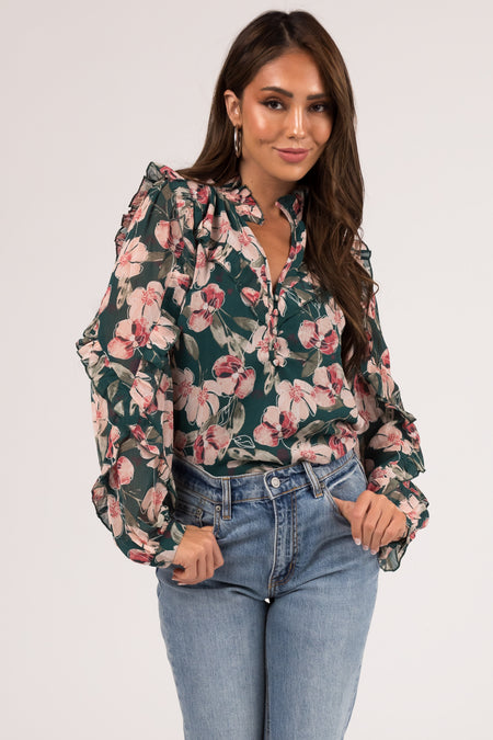 Hunter Green Floral Print Long Sleeve Blouse