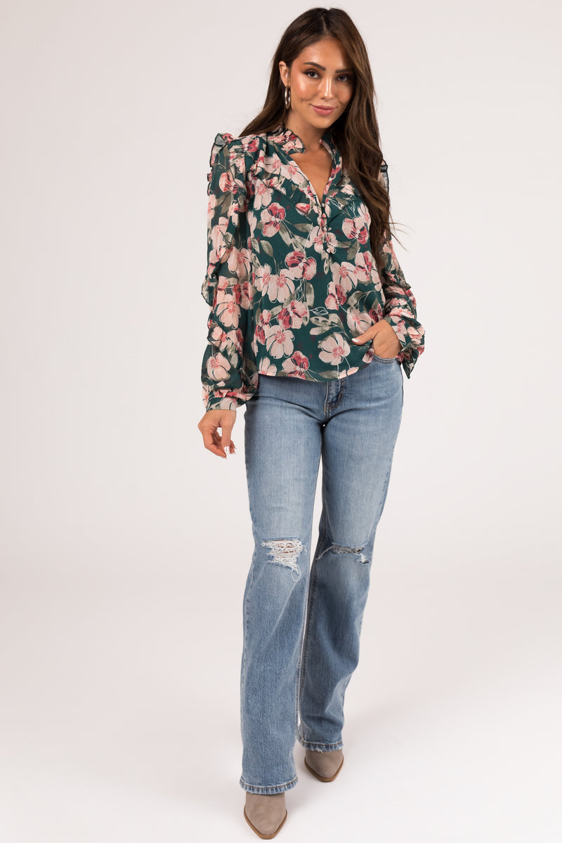 Hunter Green Floral Print Long Sleeve Blouse